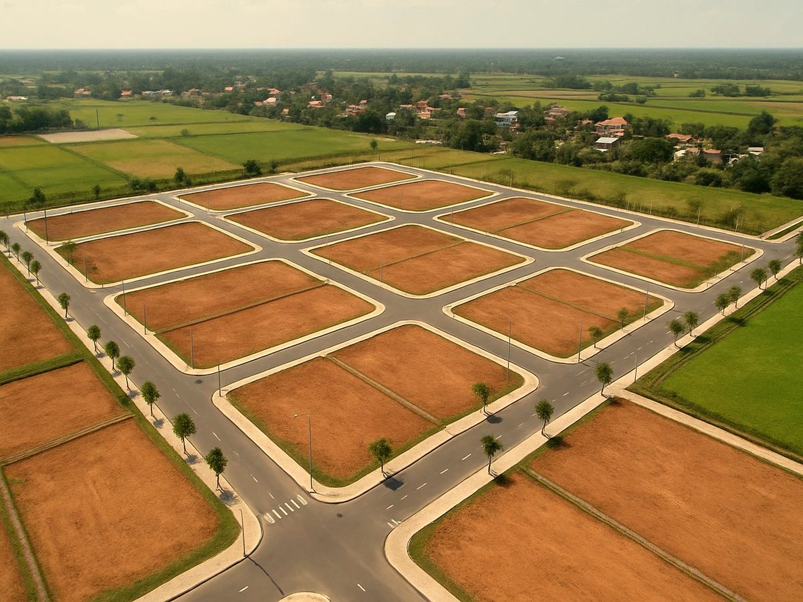 Titled plots. Palm-lined avenues. Airport in view.